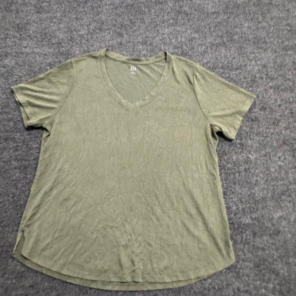 GAP T-Shirt Womens XL Olive Green V-Neck Short Sleeve Casual Curved Hem Flaw
